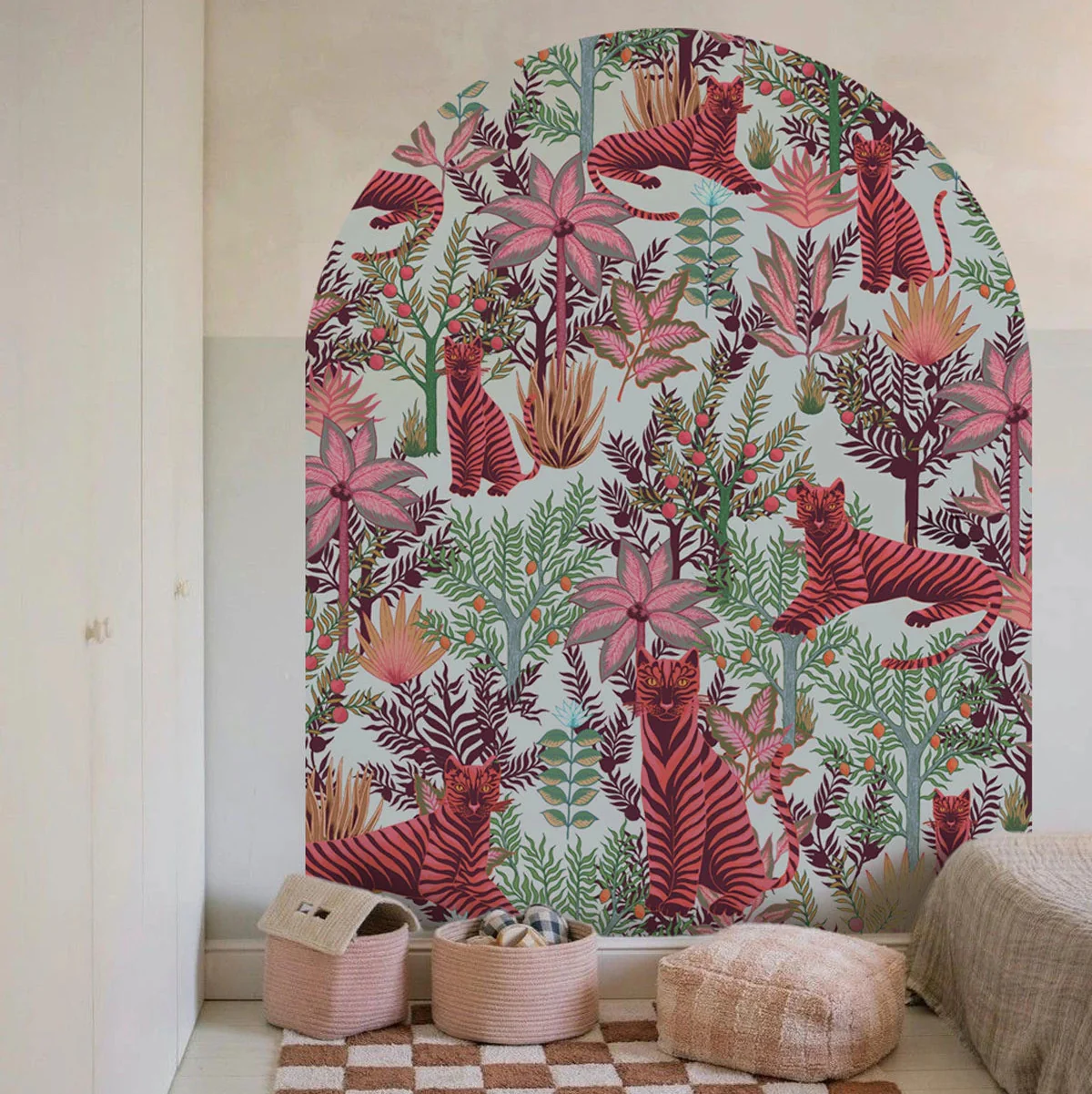 Mural w kształcie łuku z motywem zwierzęcym GOLD TIGERS PINK różowy