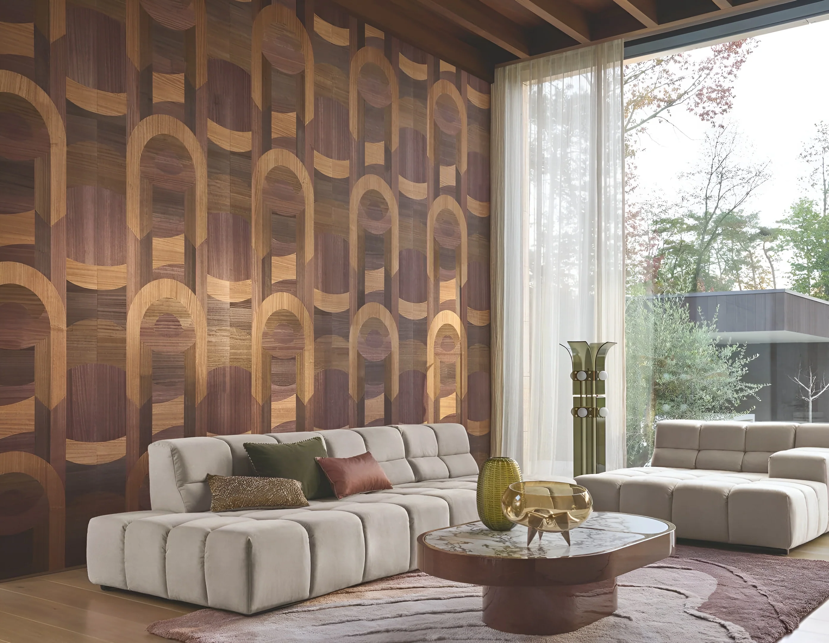 Tapeta fornirowana ze wzorem geometrycznym art deco TRAVERSÉE - CARBONE CHÊNE karbonowany dąb - Image 4