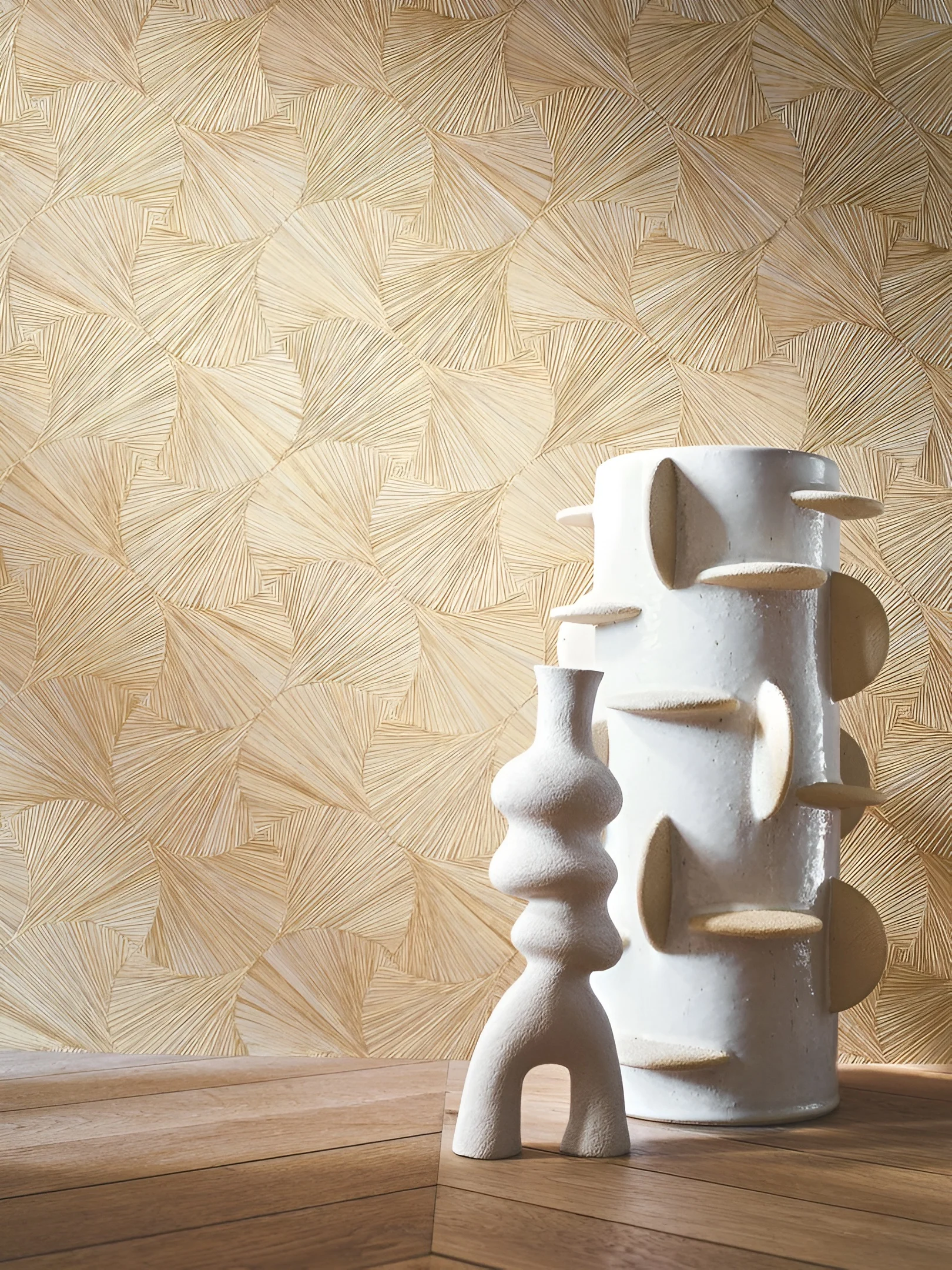 Tapeta strukturalna geometryczna z motywem roślinnym liści LOMBOK - OPALINE jasny zielony - Image 2