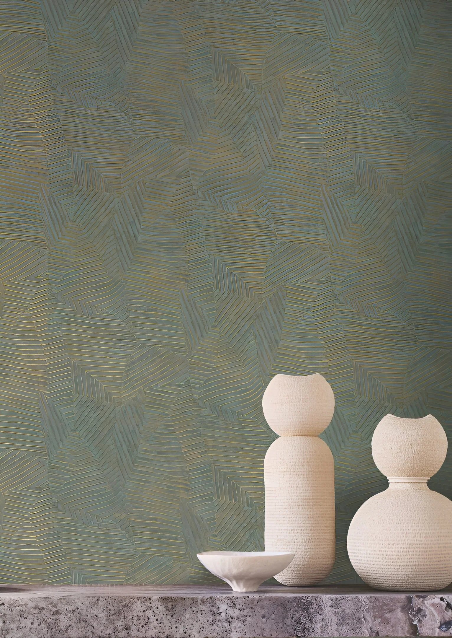 Tapeta metaliczna z geometrycznym wzorem liści LORE - TERRACOTTA/DORÉ terakota - Image 2