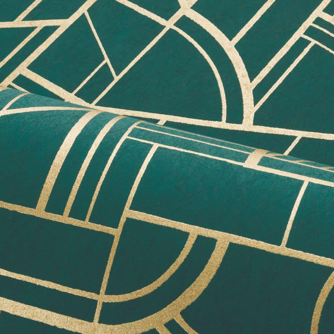 Tapeta metaliczna z geometrycznym wzorem CINÉTIQUE - VERT CANARD/DORÉ zielony ze złotym - Image 3