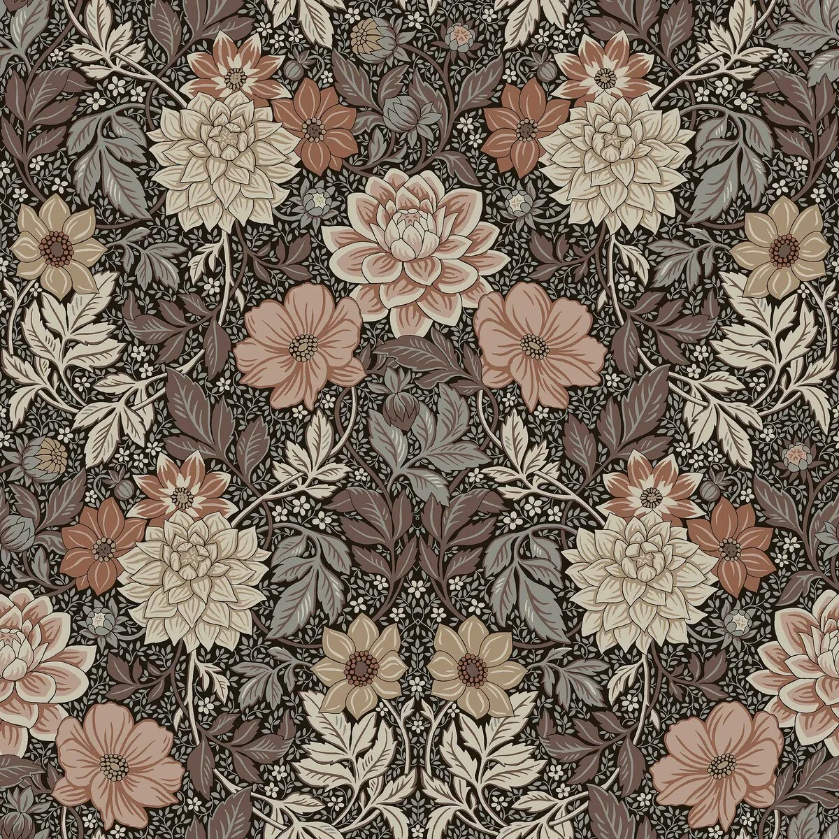 Tapeta flizelinowa papierowa z roślinnym wzorem DAHLIA GARDEN brązowy z beżowym i różowym