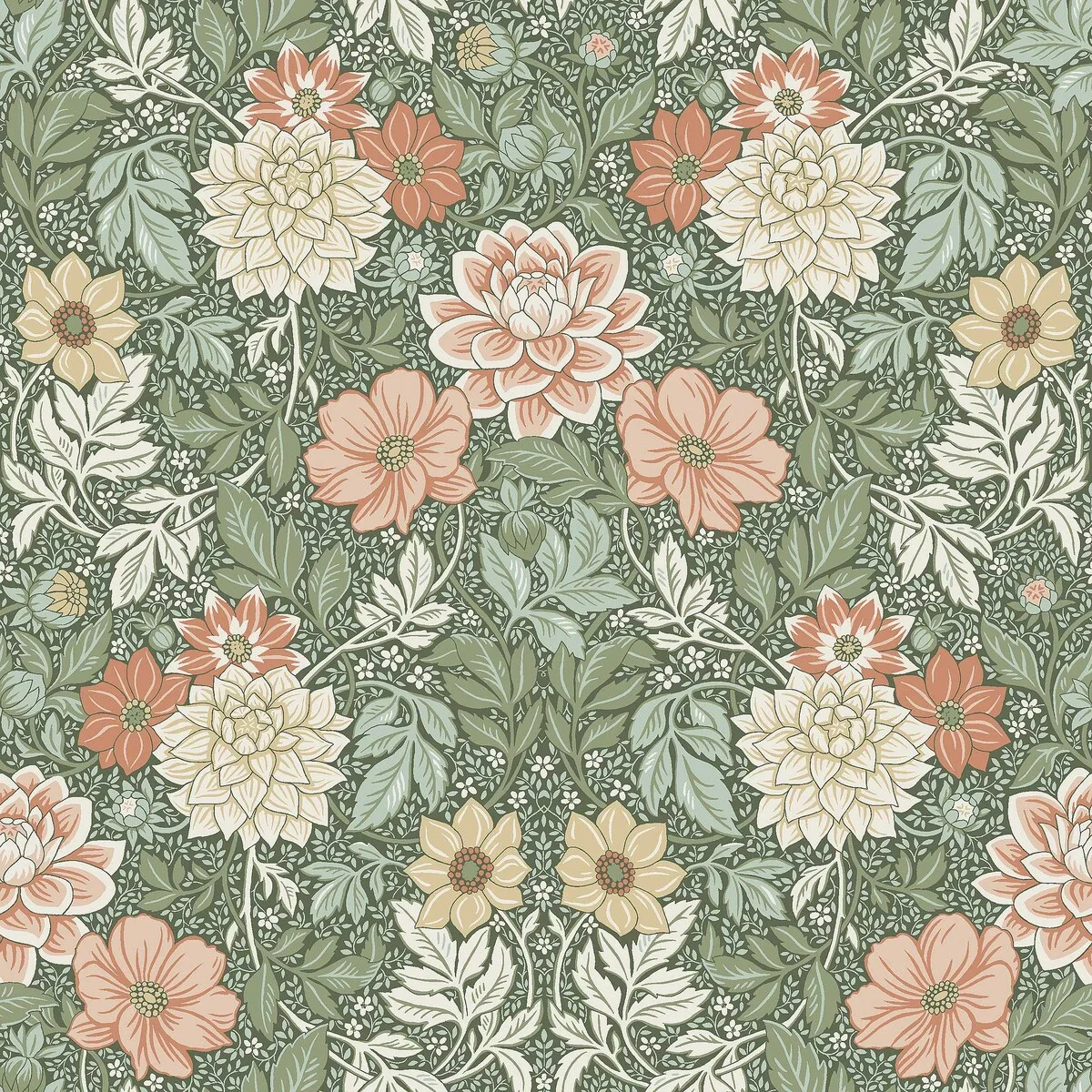 Tapeta flizelinowa papierowa z roślinnym wzorem DAHLIA GARDEN zielony z kremowym i różówym