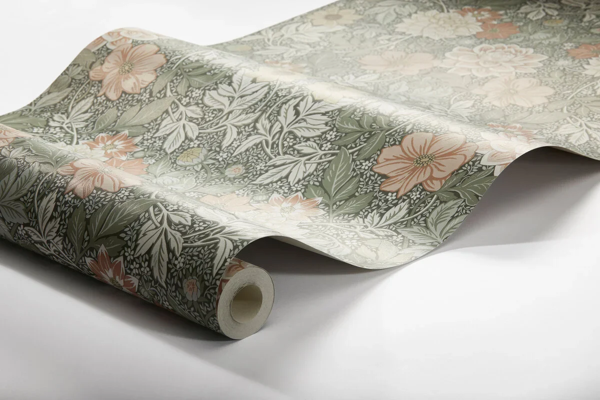 Tapeta flizelinowa papierowa z roślinnym wzorem DAHLIA GARDEN zielony z kremowym i różówym - Image 3