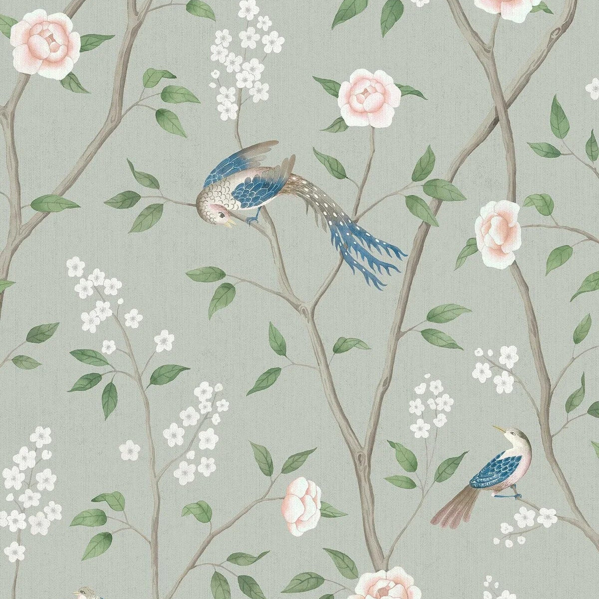 Tapeta flizelinowa papierowa z roślinnym wzorem PARADISE BIRDS zielony z białym