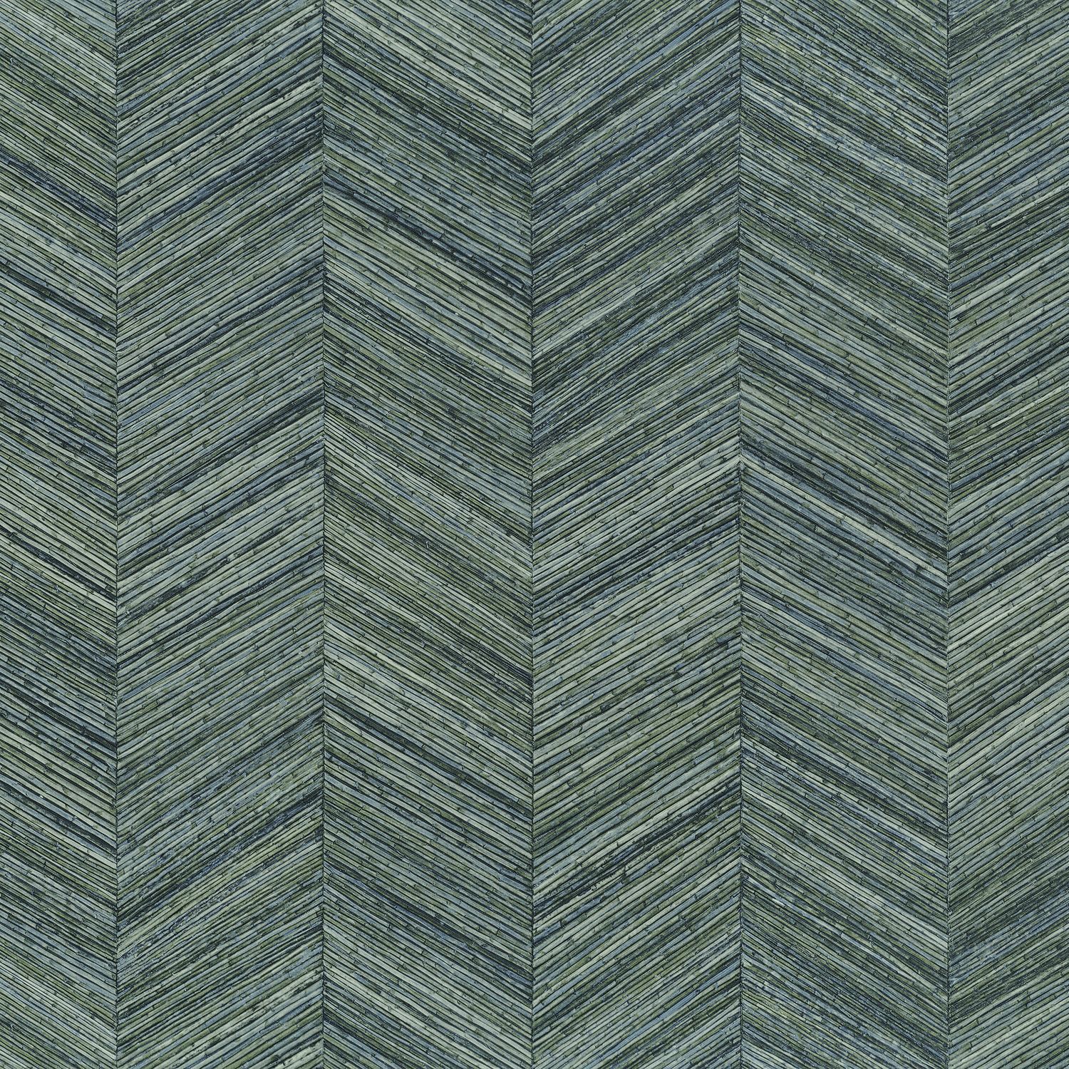 Tapeta strukturalna geometryczna imitująca drewno ze wzorem jodełki OCOTEA - VERT IMPERIAL zgaszony zielony