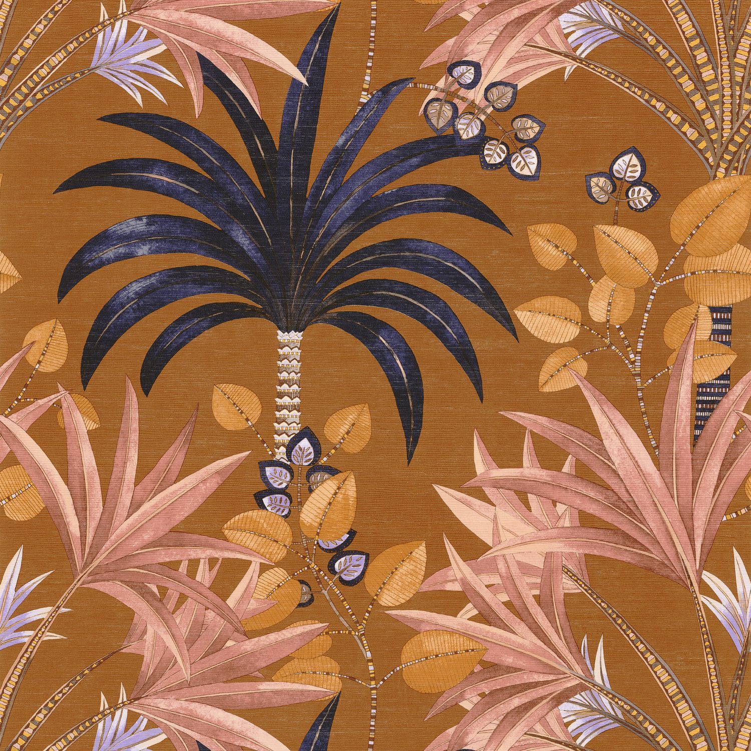 Tapeta strukturalna z motywem roślinnym palm MIRISSA - AMBRE/BLUSH bursztynowy z różowym