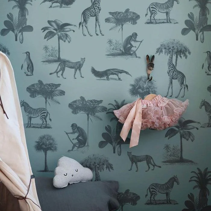 Tapeta flizelinowa z motywem zwierzęcym VINTAGE ANIMALS ciemny miętowy