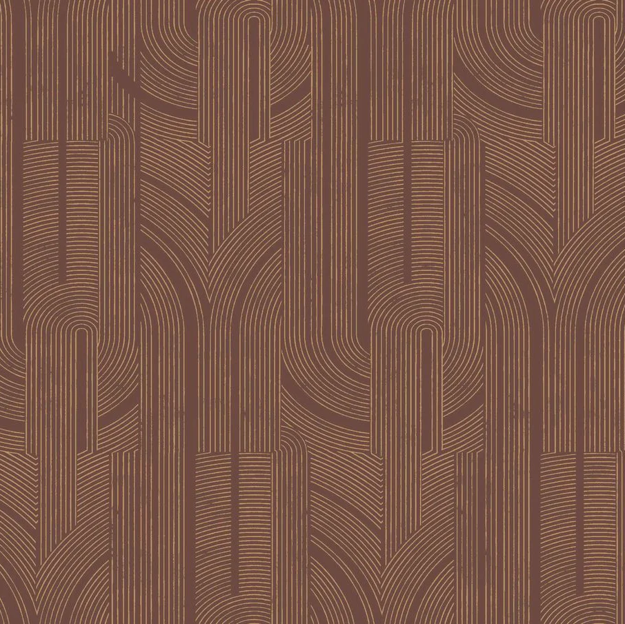 Tapeta metaliczna z geometrycznym wzorem w linie PORTE DORÉE - LIE DE VIN/DORÉ brązowy ze złotym