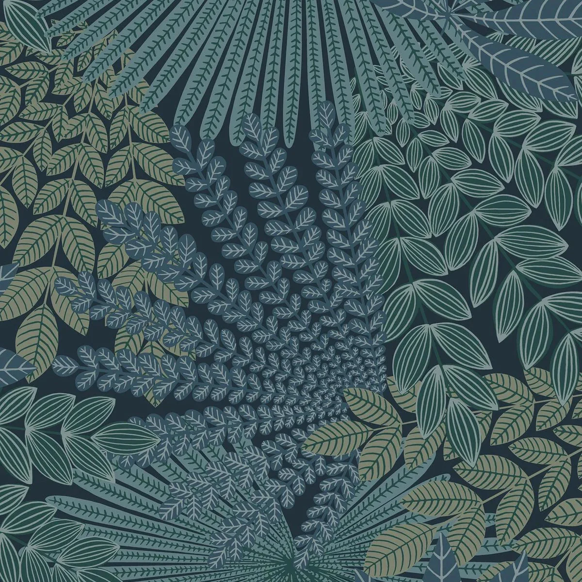 Tapeta z motywem roślinnym liści VELVET LEAVES granatowy z zielonym