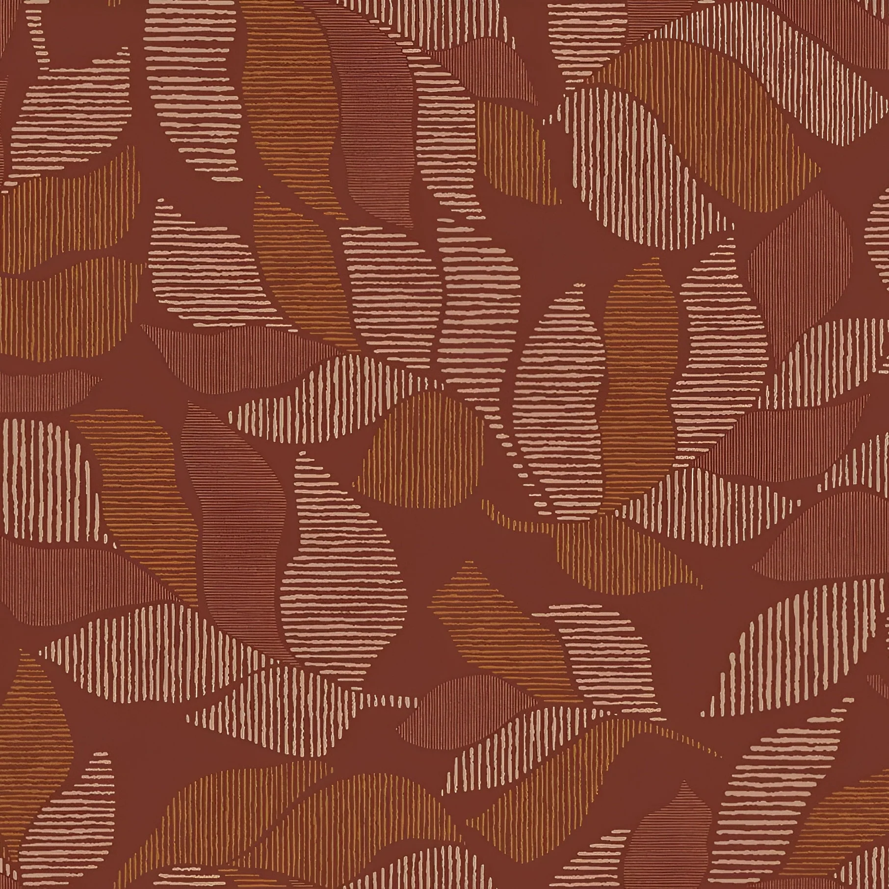 Tapeta z motywem roślinnym liści palmy z metalicznym efektem LONTARA - TERRACOTTA/CUIVRÉ bordowy z miedzianym