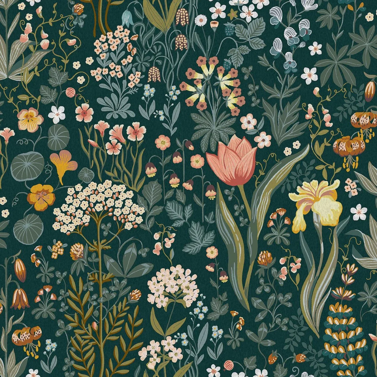 Tapeta z roślinnym motywem kwiatów BLOMSTERHAV granatowy z zielonym